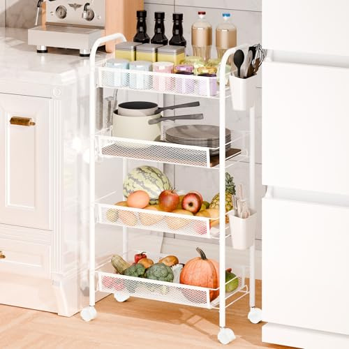 Makamsui Obst-Gemüse-Aufbewahrungskorb, 5 Etagen, stapelbar, Metallgitter-Organizer mit 360-Grad-Rädern, Aufbewahrungswagen für Küche, Speisekammer, belüftete Behälter (4-lagig, weiß)