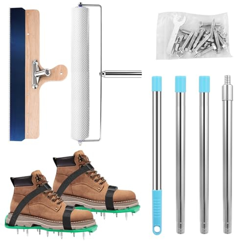Lightasea Bodenbeschichtung Entlüftungsroller Set,mit Nagelschuhe,Großflächenrakel,Entlüftungswalze,Mit verstellbarer Gewindestange,für Ausgleichsmasse Boden Wand