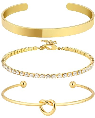 Synkris 3Pcs Gold Bracelet for Women Set Delicate Stack Bracelets Set Golden Jewellery Bracelet Adjustable Fashion Bangles Hypoallergenic Jewellery for Women Girls Birthday Daily Wear Gifts
