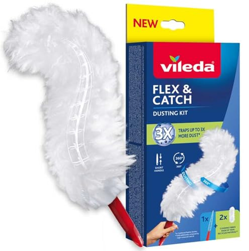 VILEDA FLEX & CATCH Staubwedelentferner mit 2 Ersatzteilen, 360° Staubentfernung, kurzer fester Griff, Staubwedel aus weicher Mikrofaser, bis zu 3x mehr Staubaufnahme