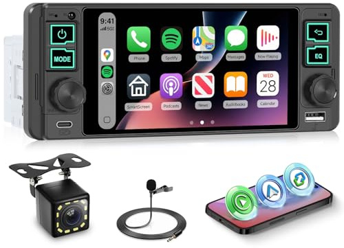 Hodozzy Single Din Car Stereo Radio with Wireless Carplay Android Auto, 5.1 inch HD In-Cell Touchscreen Single Din Radio Radio with Bluetooth 5.0 EQ Mirrorlink FM SWC Backup Camera+USB/Type-C Ports