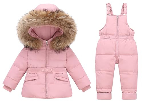 Snödräkter för barn, söt skidjacka för flickor, snödräkt, set med 2 delar, jacka med dragkedja och overall snödräkt, skidåkning, snowboard, vindtät, vattentät, skiddräkt, Rosa, 90