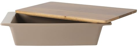 Gibson Elite 2.75-Quart 13.5 x 8.5 Stoneware Baking Dish with Acacia Wood Lid – Taupe Rectangular Oven Safe Baker for Casseroles, Roasting & Serving
