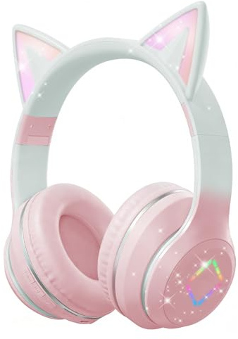 Caijin Casques Bluetooth Enfants, Oreilles de Chat LED, Bluetooth 5.3 Stéréo, Bandeau Réglable, Limite de Volume 85dB, Pliables, Modes Carte TF/Fil/Bluetooth, Compatibles PC, Téléphone, iPad