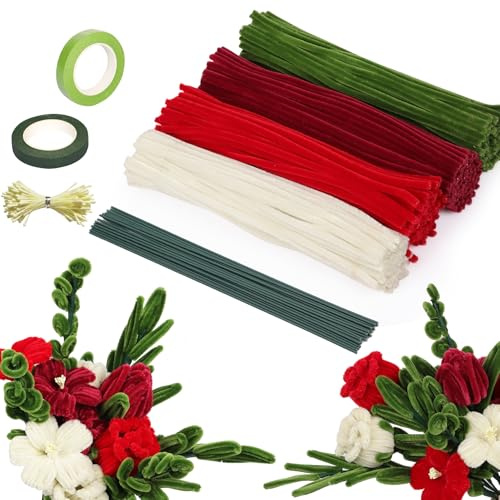 320Stück Pfeifenreiniger Blumen Rot Grün Beige Für Rosen Bouquet, Pfeifenputzer zum Basteln 30cm, 4Farben Pipe Cleaner FlowerSet, Biegeplüsch Chenilledraht mit Blumendraht,Blumen Staubblatt DIY Bastel