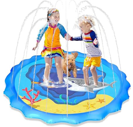 Nzkeuf 170cm/67in Splash Pad for Kids and Dogs, Dog Paddling Pool, Foldable Outdoor Sprinkler Play Mat, Inflatable Foldable Non-Slip Splash Pad for Summer Garden Beach Backyard, Boy Girls Pet