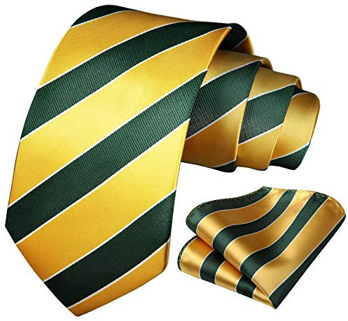 HISDERN Herren Krawatte Gestreifte Hochzeit Krawatte & Einstecktuch Set Gelbgr¨¹n