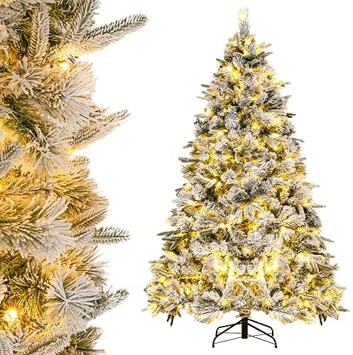 COSTWAY Pre-Lit Snow Flocked Christmas Tree, 4.5FT/6FT Hinged Xmas Trees with Warm-White LED Lights, Mixed Branch Tips, Foldable Metal Stand, Xmas Holiday Decor for Home Office