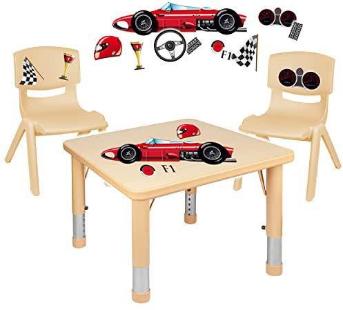 alles-meine.de GmbH Sitzgruppe für Kinder - Tisch + 2 Kinderstühle - Größen & Motiv & Farbwahl - Auto - Rennwagen/holzfarben - höhenverstellbar - 1 bis 8 Jahre - Plastik - für ..