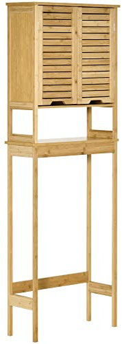 kleankin Mobile Bagno Sopra WC Salvaspazio in Bambù, Scaffale per Lavatrice con Armadietto a 2 Ante, 60x23x173cm