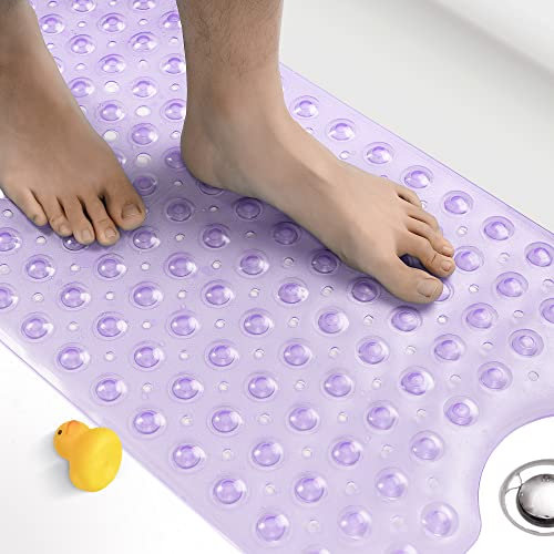 HITSLAM Non Slip Bath Mat for Tub, 101 x 40cm Extra Long Shower Mat Anti Mould, Machine Washable Bathroom Bathtub Mat with Suction Cups and Drain Holes, Soft on Feet, Clear Purple