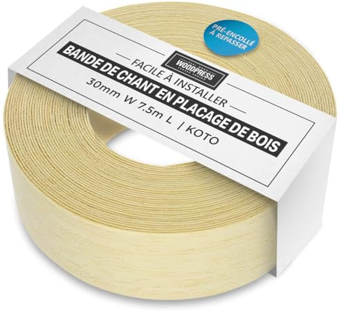 WoodPress 30 mm echtes Koto-Holz, vorverleimtes Furnierband, 7,5 m Rolle, einfach zu bügeln, deckt den Rand einer Standard-Platte aus MDF ab