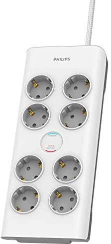 Philips SPN7080WA/10 - Regleta de 8 Enchufes Schuko, Enchufe Múltiple, Ladrón Alargador, Protección Infantil Sobretensión, Interruptor Encendido/Apagado, Cable 2 Metros - Color Blanco