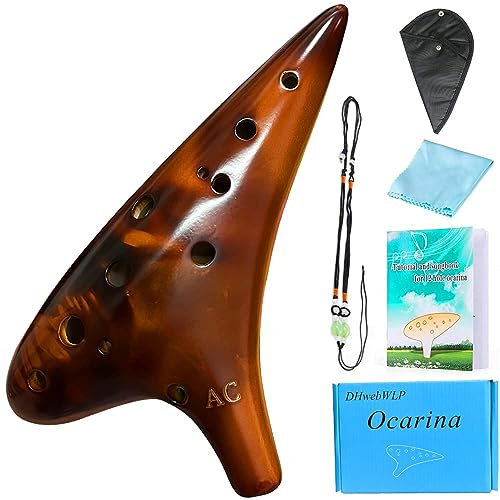 DHwebWLP Okarina, 12-Loch, Alt-C, Keramik, Strawfire Brown, Geschenkidee mit Songbuch, Gurt und Schutzhülle