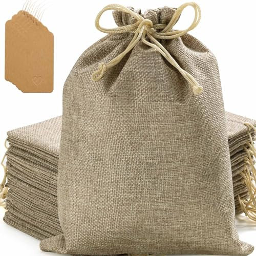Homum 25 Stück Sackleinen-Geschenkbeutel mit Kordelzug und Geschenkanhängern & Schnur, 17x22 cm Party-Favor Geschenkbeutel, Sackleinen Taschen Leinen Schmuckbeutel, Jutebeutel für Party, Hochzeit