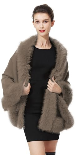 BEAUTELICATE Capa de Abrigo Punto con Chal de Piel Sintética de Conejo Poncho Estola de Pelo Mujer Cardigan de Boda para Fiesta Invierno (Caqui,Talla única)