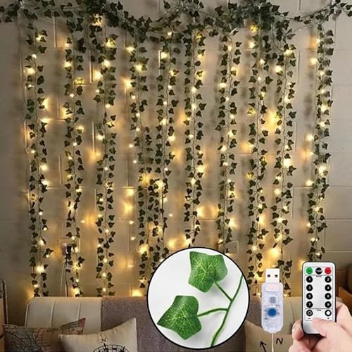 EONANT Guirlande de lierre artificiel de 3 x 2 m avec 200 LED, guirlande de lierre à suspendre, alimentée par USB, pour chambre à coucher, mur, mariage, fête, Noël, jardin (blanc chaud)