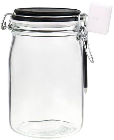 Einkochwelt 79176 Lot de 4 bocaux en verre transparent à étrier avec champ craie, pot à confiture, pot de conservation, avec stylo et éponge, 1000 ml