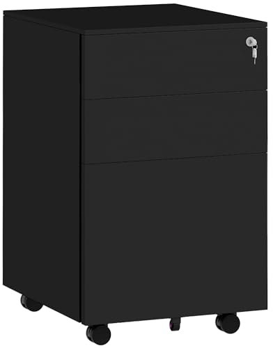 Vinsetto Rollcontainer Aktenschrank mit 3 Schubladen, Büroschrank mit Schloss, Druckschrank, Unterschrank mit Hängeregistratur, Bürocontainer im A4-Format, Stahl, 37 x 43,5 x 60 cm, Schwarz