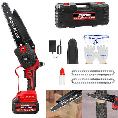 Mini motosega a batteria 8 pollici, motosega elettrica senza fili Brushless con batterie 4.0Ah, 2 catene, motosega portatile per potatura di alberi e rami, taglio del legno