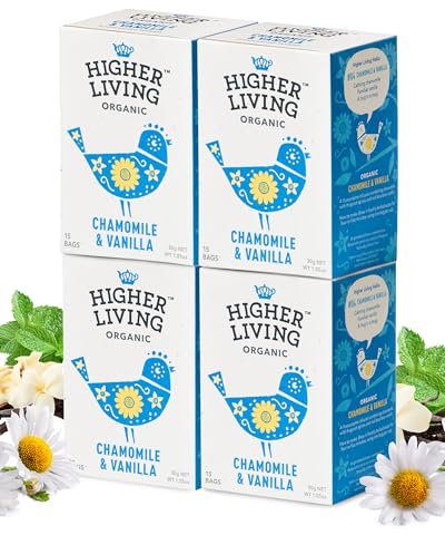 Higher Living Chamomile & Vanilla Organic Herbal Tea - Aromatic, Caffeine Free Calming Tea with Fennel, Lemon Balm, Orange Peel & Licorice - 4 Boxes, 15 Bags Each