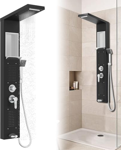 Froadp - Pannello doccia in acciaio inox, sistema doccia a parete con 5 funzioni: doccia a pioggia, con doccetta, doccia massaggiante, doccia a cascata, set doccia completo a colonna (nero)