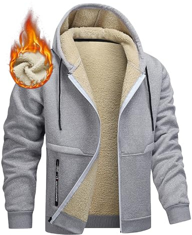 AIEOE Cappotto con cappuccio da uomo in pile Softshell tattico cappotto termico spesso capispalla invernale giacca Sherpa zip up inverno felpa con cappuccio con tasche, Grigio, M