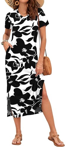 AUSELILY Maxi Vestidos Largos Sueltos De Manga Corta con Bolsillos para Muje Casual Estampado Floral Vestidos Playeros con Bolsillos Flor Blanca Negra M