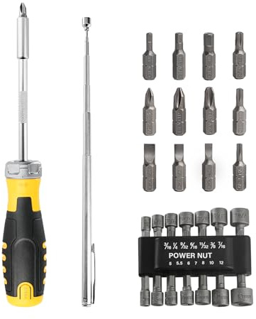 HAUTMEC Lot de 28 tournevis à cliquet magnétiques, ensemble de tournevis multi-embouts comprenant des embouts de tournevis CRV, un tournevis à écrou et un outil de ramassage magnétique télescopique
