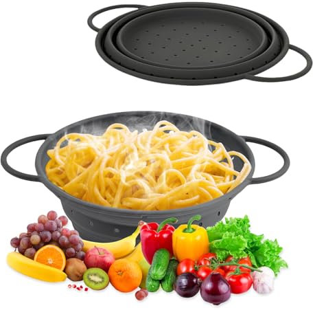 28cm*21,5cmX1,6cm Sieb Aus Silikon Faltbar Grau Faltbares Sieb Silikon Nudelsieb für Pasta Ideal Zum Abtropfen von Nudeln Brokkoli Karotten Usw Sie können Auch Salatblätter Obst Gemüse abspülen