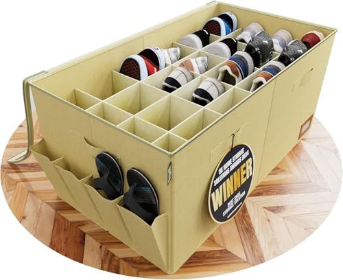 Tydi XXL Shoe Storage Box, 24 Compartments, Cream | Ultra-stiff Build · Zippable Clear Cover · Side Pockets and Carry Handles · Space-saving Design