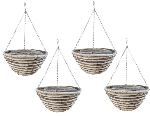 Quickdraw 4 x Rope Hanging Baskets 12” – Round Outdoor Planters with Liner & Chains – Weather Resistant Flower Pots for Garden Plants & Flowers
