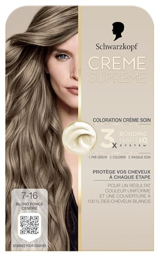 Creme Supreme - Schwarzkopf - Coloration Permanente- Resultat Couleur Uniforme - Coloration Creme Soin - Bonding - Pre-serum et Masque Soin - Couverture 100% Cheveux Blancs - 7-16 -Blond Fonce Cendre