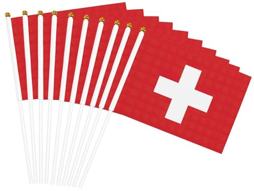 Pequeña bandera suiza con impresión de bandera suiza, bandera de mano de doble cara ondulada de 5.5 x 8.2 pulgadas