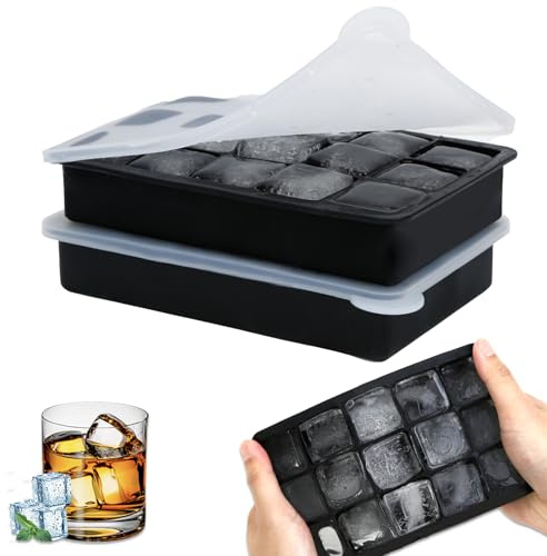 CVIUYO 2P Silicone Ice Cube Tray, Food Grade & BPA Free Ice Cube Tray with Lid, Flexible Food Moulds Silicone Easy Release, Square 15 Ice Cub Per Tray for Whisky, Drinks and Baby Foods (Black)