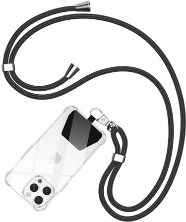 Vauki Cordon Telephone Portable, avec 1 Patchs, Sangle Universelle Collier de Longe, Tour de Cou Téléphone Réglable et Détachable, Compatible avec la Plupart des Coques de Téléphone (Noir)