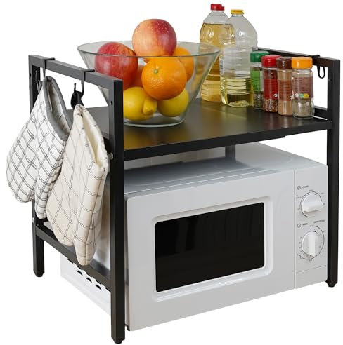 DJPF®️ Soporte DE MICROONDAS Ajustable Estante de Microondas Ajustable: Estantería Microondas Encimera Extensible - Organizador Cocina Microondas y Soporte de Microondas (Negro)