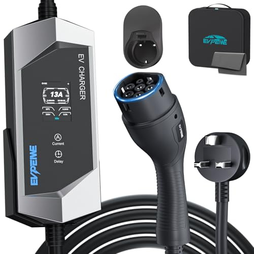 EVPEIWE Type 2 EV Charger to UK 3 Pin Plug 10 Meter, 6/8/10/13A Portable Electric Car Charger, 3.3KW Type 2 Charging Cable for BEV & PHEV, with EV Cable Holder and Carry Bag (Silver)
