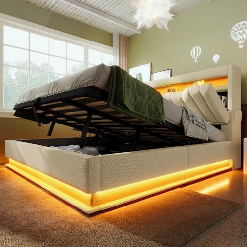 Polsterbett Doppelbett 180x200 Stauraum-Kopfteil Bett mit Staufach&USB Typ-C Ladefunktion,Hydraulisch Stauraumbetten Funktionsbett mit LED Beleuchtung&Bettkasten&Lattenrost,Leinen,Ohne Matratze,Beige