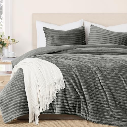 Geniospin Fleece King Size Comforter Set, Soft Fuzzy Fleece King Bedding Set, 3-Pieces Grey Comforter Set for All Season, Warm Fluffy Comforter with 2 Pillow Cases