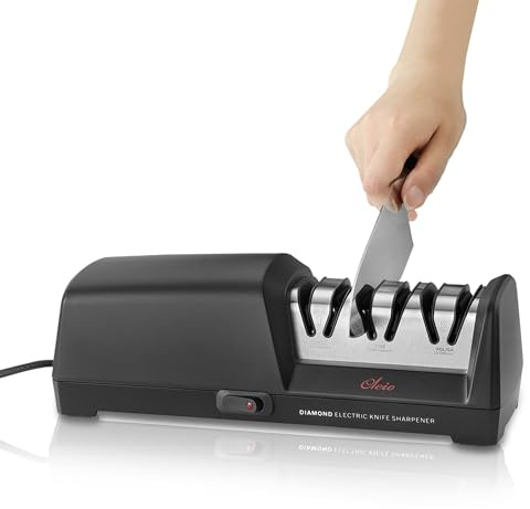 Oleio Messerschärfer elektrisch - 3-Stufen Diamant Messer schärfen - Grob, Fein & Polieren - 15° Winkel - 70 dB - Messerschleifer - Schleifer für Küchenmesser - Multischleifer - Schleifmaschine Messer