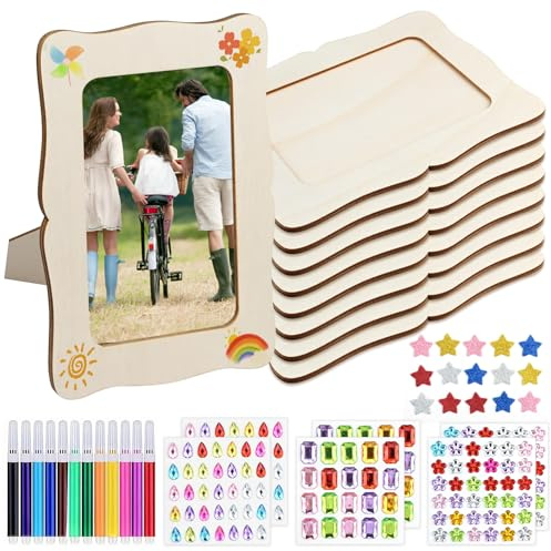 Bilderrahmen Holz Set zum Bemalen - 8 Stück Gebogene Kante Fotorahmen Bastelset 19 x14 cm DIY Holzrahmen Holzbilderrahmen, mit 3 Sorten Glitzersteine 1 Sticker und 12 Aquarellstift, für Deko, Geburtst
