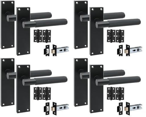 Golden Grace Victorian T-Bar Knurled Handles Latch, Matt Black, 4 Sets | Includes ball bearing hinges, spindle, and fixing screws for quick installation on internal doors. Robust zinc alloy build.