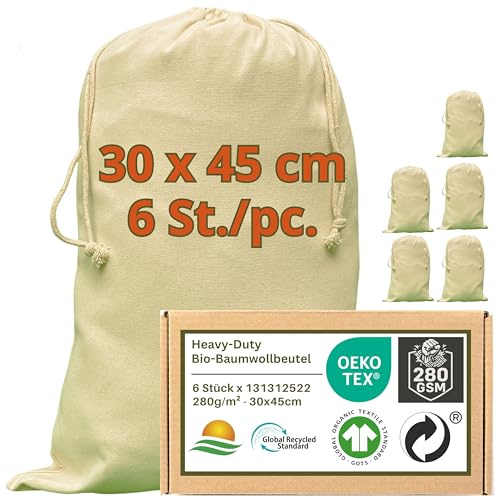 WIESEN.design Sacchetti per scarpe – 280 g/m² in cotone resistente certificato Oeko-TEX per applicazioni professionali di lunga durata, 30 x 45 cm, 6 sacchetti per scarpe da viaggio, sacchetti di