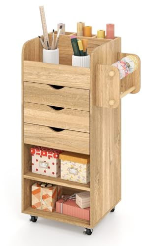 FANTASK Rollcontainer Holz, Schubladenwagen mit 3 Schubladen & offenen Fächern plus Rollstangen, Mehrzweckwagen auf Rädern für Büro Arbeitszimmer, Natur