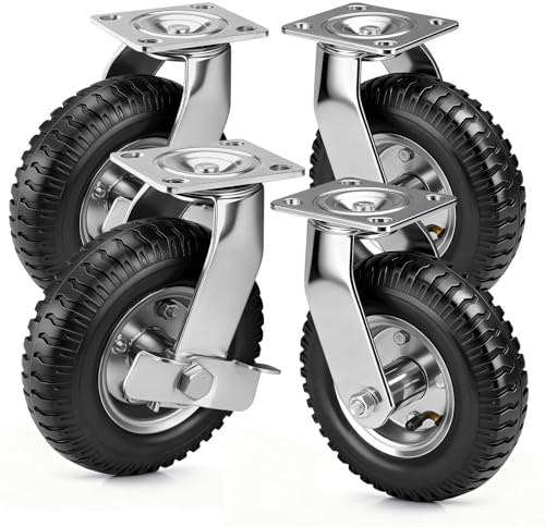 4 Stück Lenkrollen Luftrad mit Bremse Set Ø 250 x 65mm, Ruhig Luftreifen mit Stoßdämpfung, Stabil Räder, Transportrolle für Bollerwagen & Transportwagen Kit, Vierradlastaufnahme 450KG
