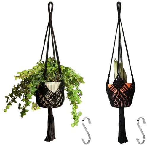 Muorruo 2-pack hängande planteringskrukor med mönster, makramé växthängare för inomhus och utomhusbruk, makramé växthållare för krukor upp till 20 cm diameter, svart