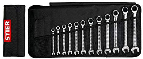 STIER Maul-Ringratschenschlüssel-Satz, 12-teilig, SW 8-19 mm, 12H-Profil, flache Ausführung, Chrom-Vanadium-Stahl, mattchromierte Ausführung, feinverzahnt mit 72 Zähnen, in Rolltasche