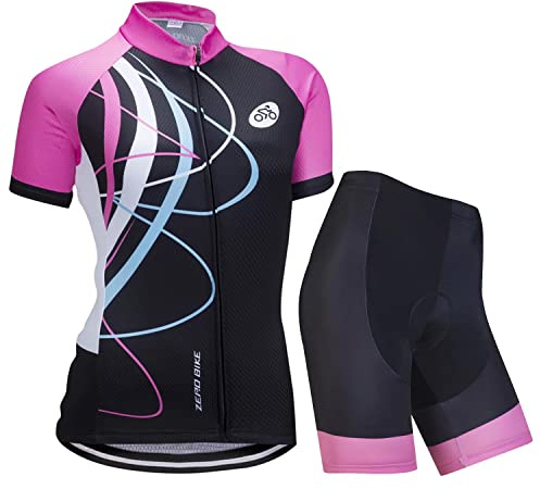 ZEROBIKE Donne Ciclismo Traspirante ad asciugatura Rapida Maglie Set, Jersey Ciclo Manica Corta Giacca + 3D Cuscino Imbottito Stretto Pantaloncini Pantalone, L, Rosa al Galop