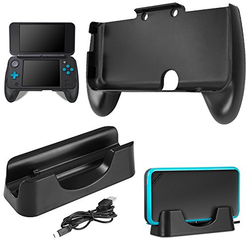 AFUNTA - Estación de Carga para Nintendo 2DS XL con Mango, Cargador con Mini Cable USB y Mango de plástico para Nintendo 2DS LL 2017 - Negro